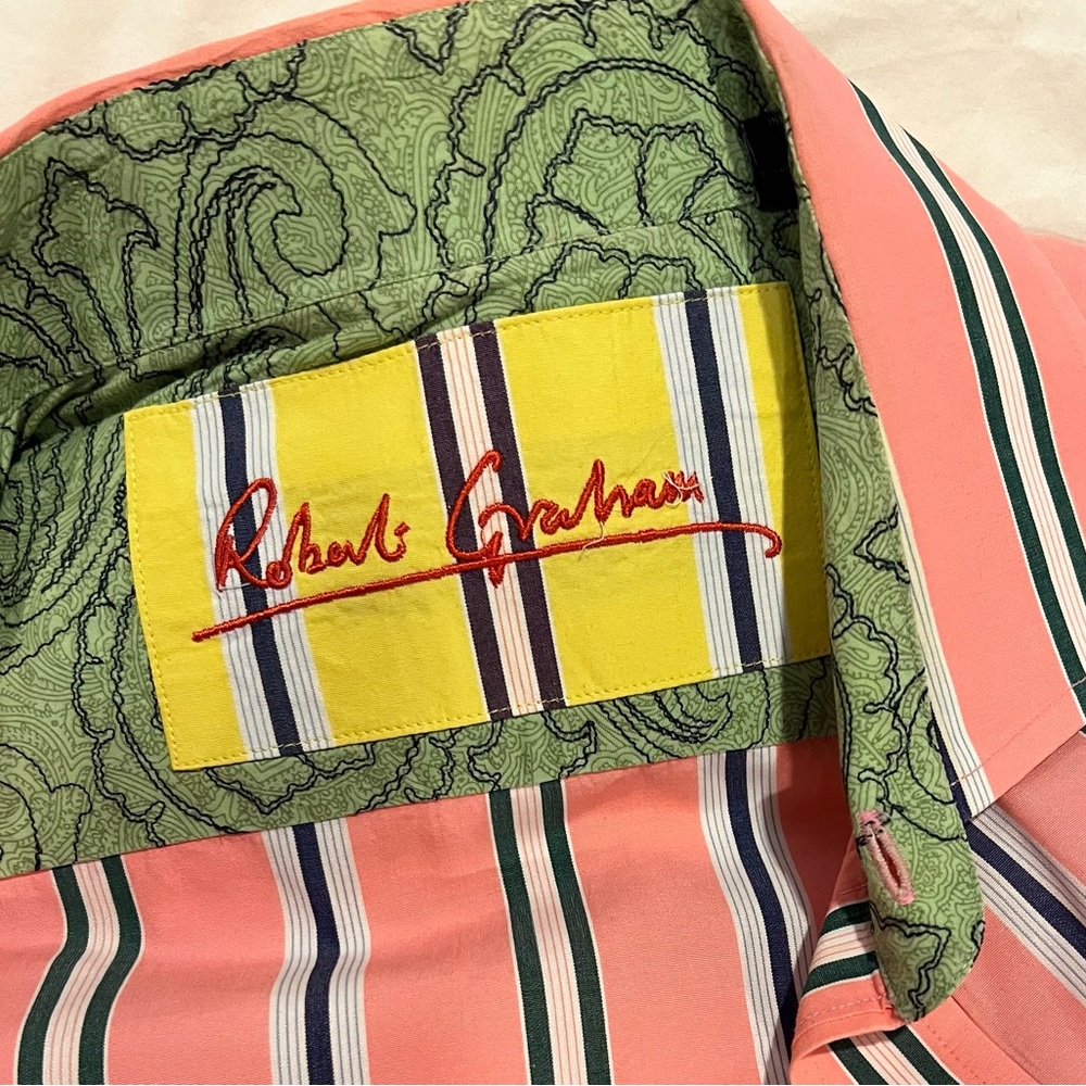 Robert Graham Men Pink Blue Green Striped Flip Cuff Cotton Button Dress Shirt XL